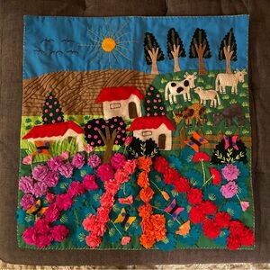 Peruvian 3-D Embroidered Tapestry with Floral, Butterfly and Farm Design